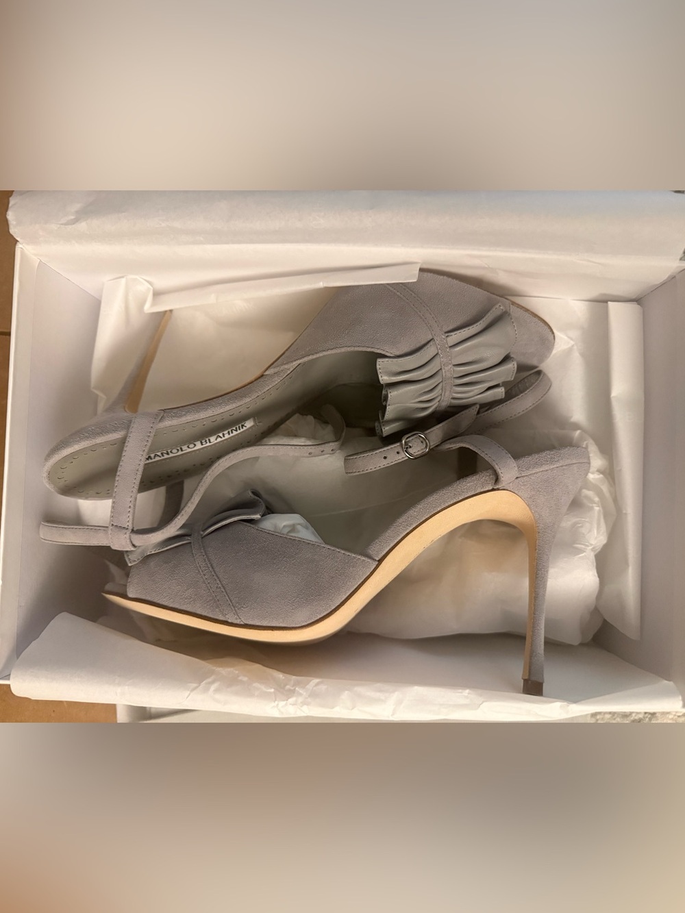 Manolo Blahnik Khedni Gray Suede Ruffle Slingback Pumps